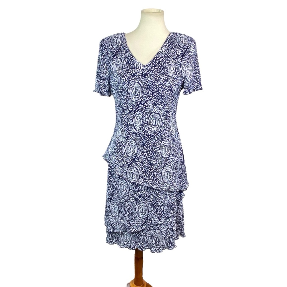 Connected Apparel stretchy layered blue & white geometric pattern dress size 10